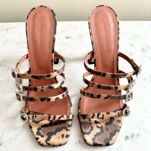 Amina Muaddi Robyn Crystal Embellished Leopard Print Satin Mules